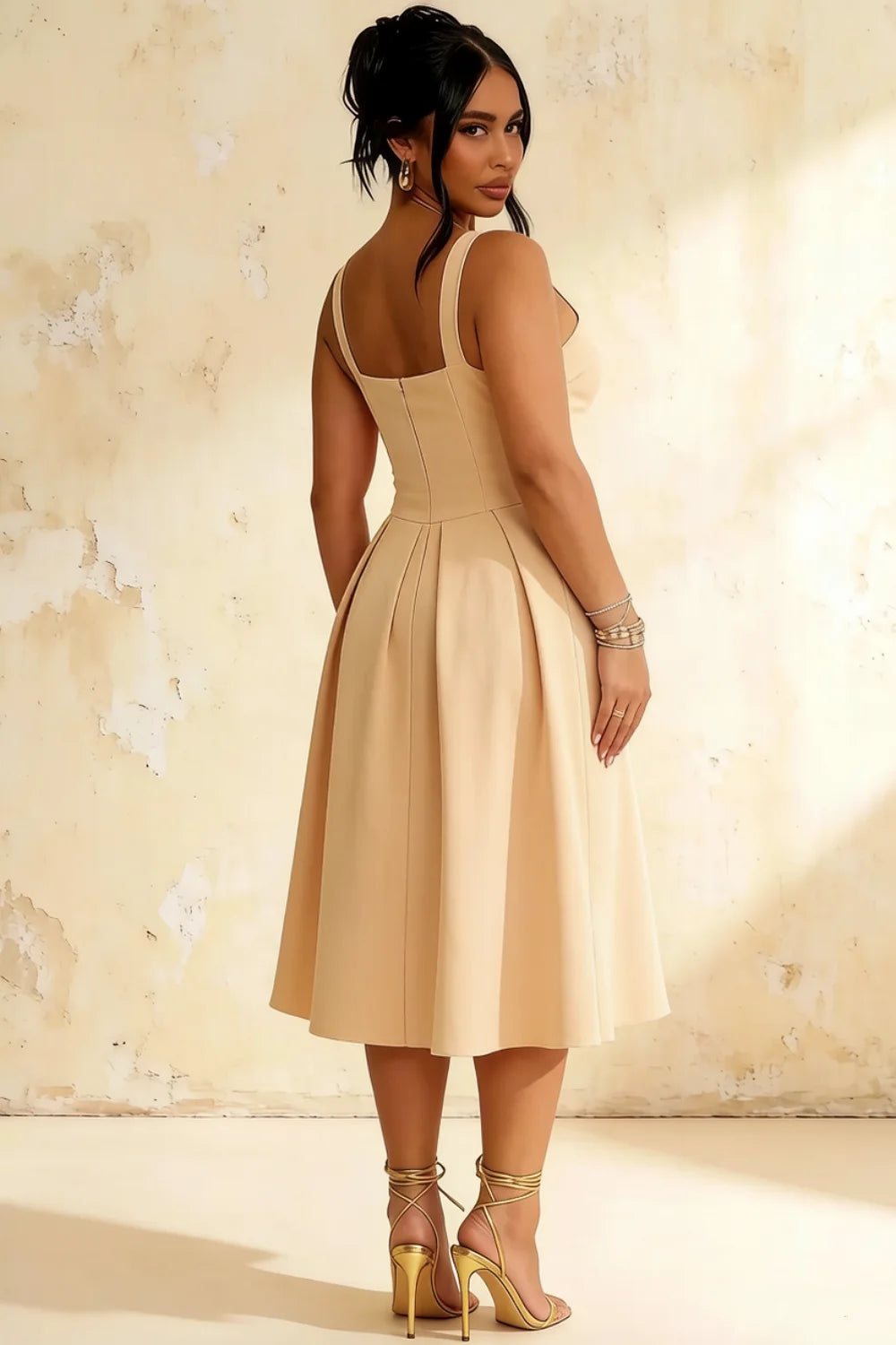 Heather Champagne A Line Midi Dress | Elegant Pleated Party Wear