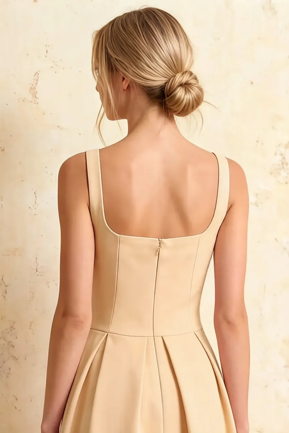 Heather Champagne A Line Midi Dress | Elegant Pleated Party Wear