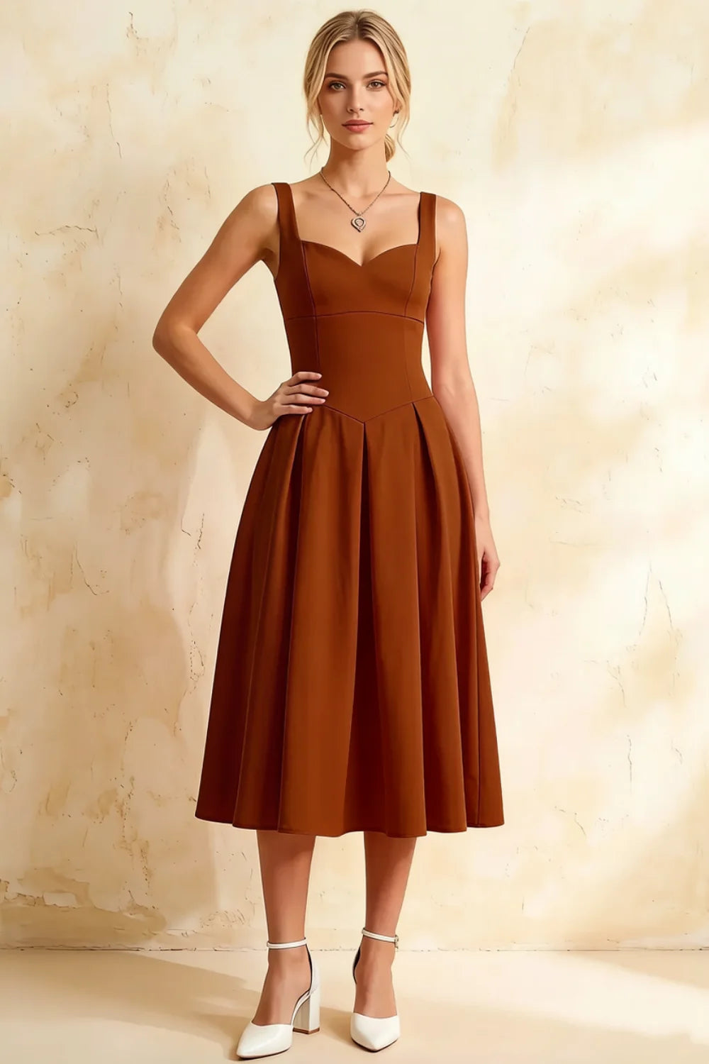 Heather Chocolate A Line Midi Dress | Square Brown Dress for Wedding Guest Main image