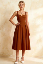 Heather Chocolate A Line Midi Dress | Square Brown Dress for Wedding Guest