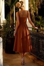 Heather Chocolate A Line Midi Dress | Square Brown Dress for Wedding Guest