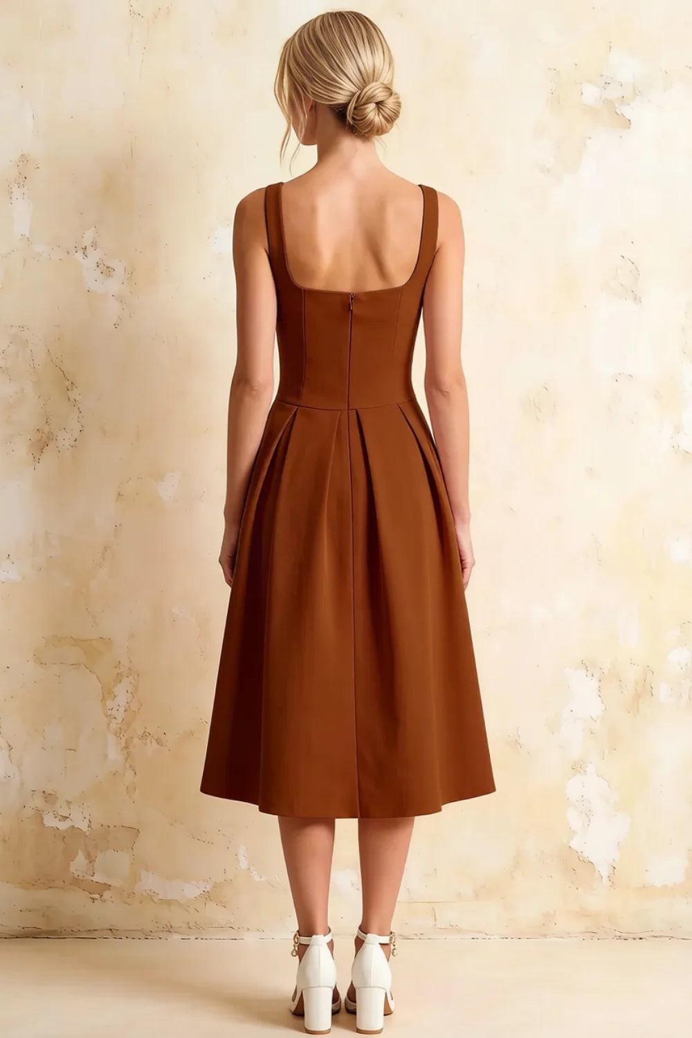 Heather Chocolate A Line Midi Dress | Square Brown Dress for Wedding Guest