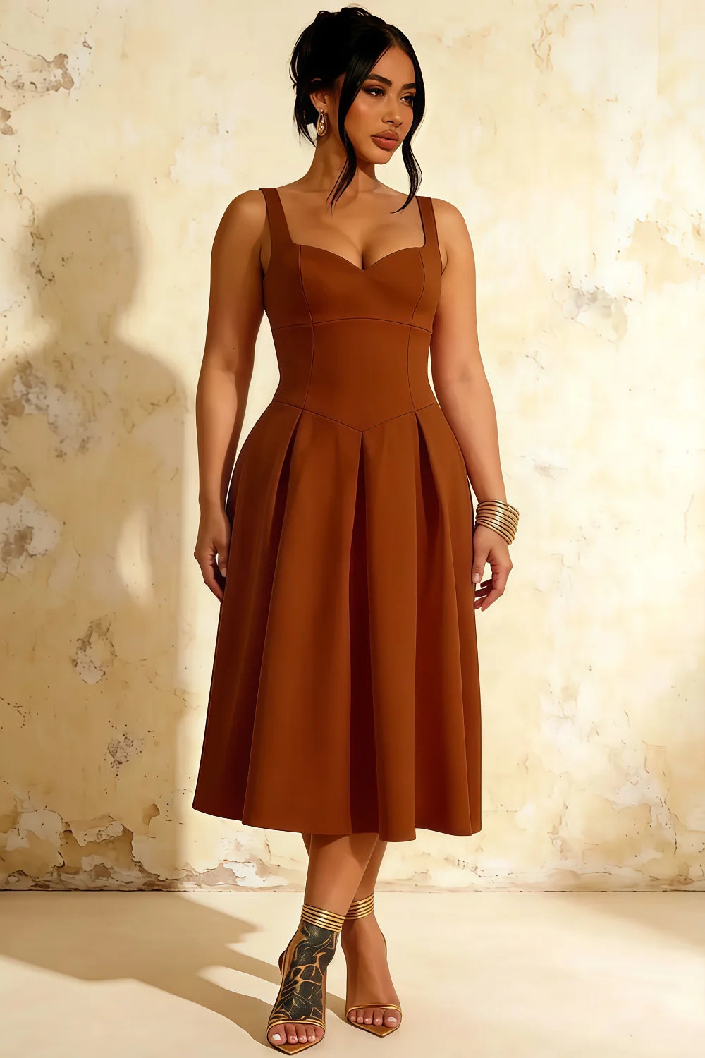 Heather Chocolate A Line Midi Dress | Square Brown Dress for Wedding Guest
