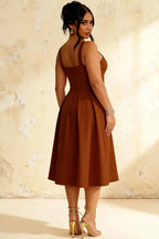 Heather Chocolate A Line Midi Dress | Square Brown Dress for Wedding Guest