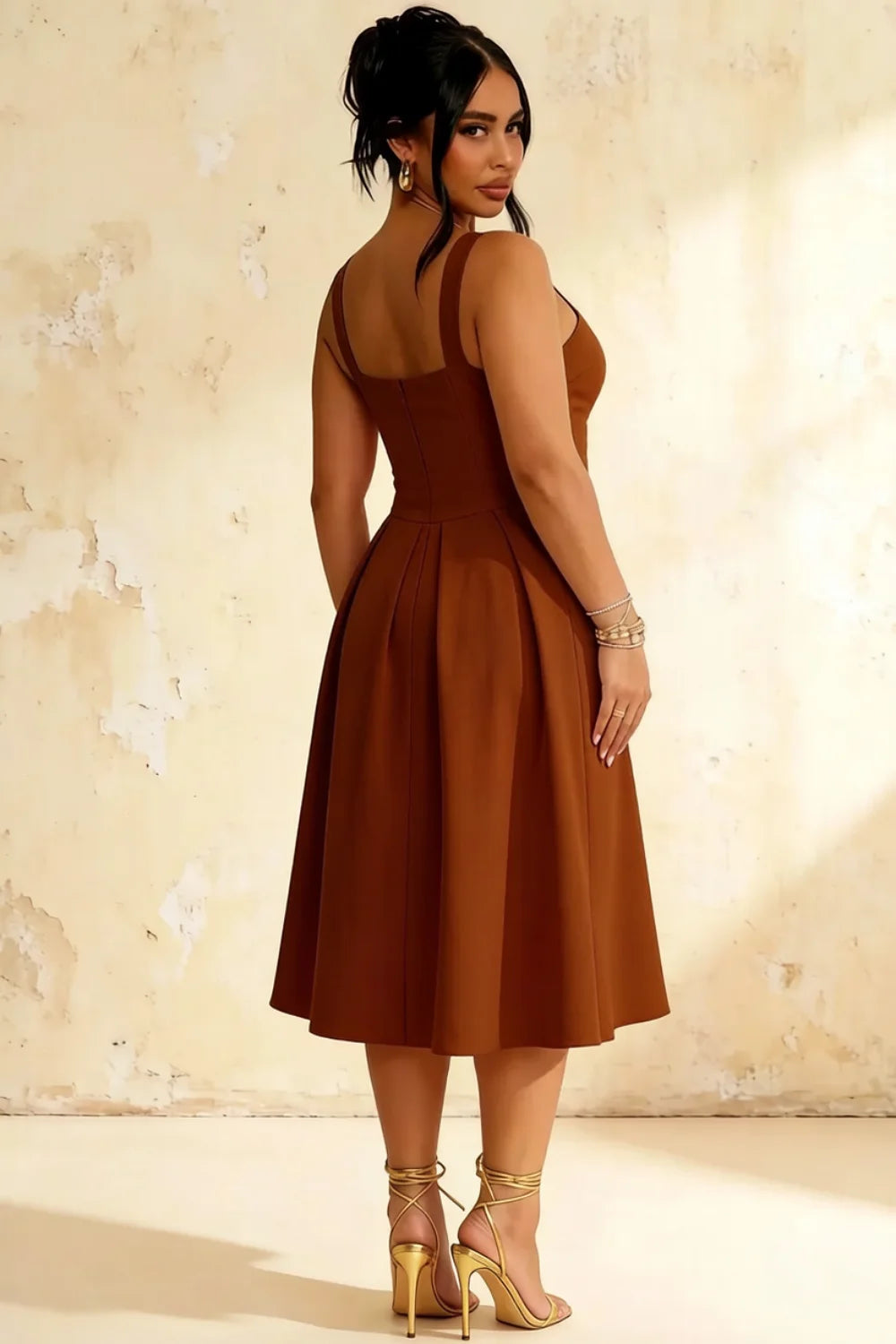 Heather Chocolate A Line Midi Dress | Square Brown Dress for Wedding Guest