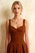 Heather Chocolate A Line Midi Dress | Square Brown Dress for Wedding Guest
