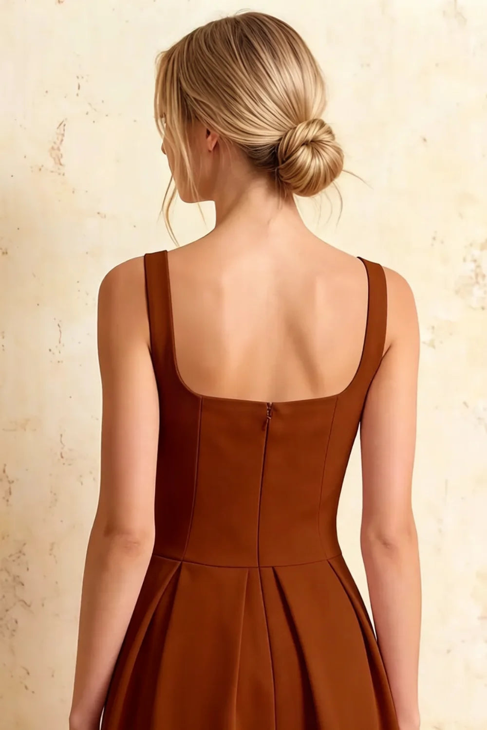 Heather Chocolate A Line Midi Dress | Square Brown Dress for Wedding Guest