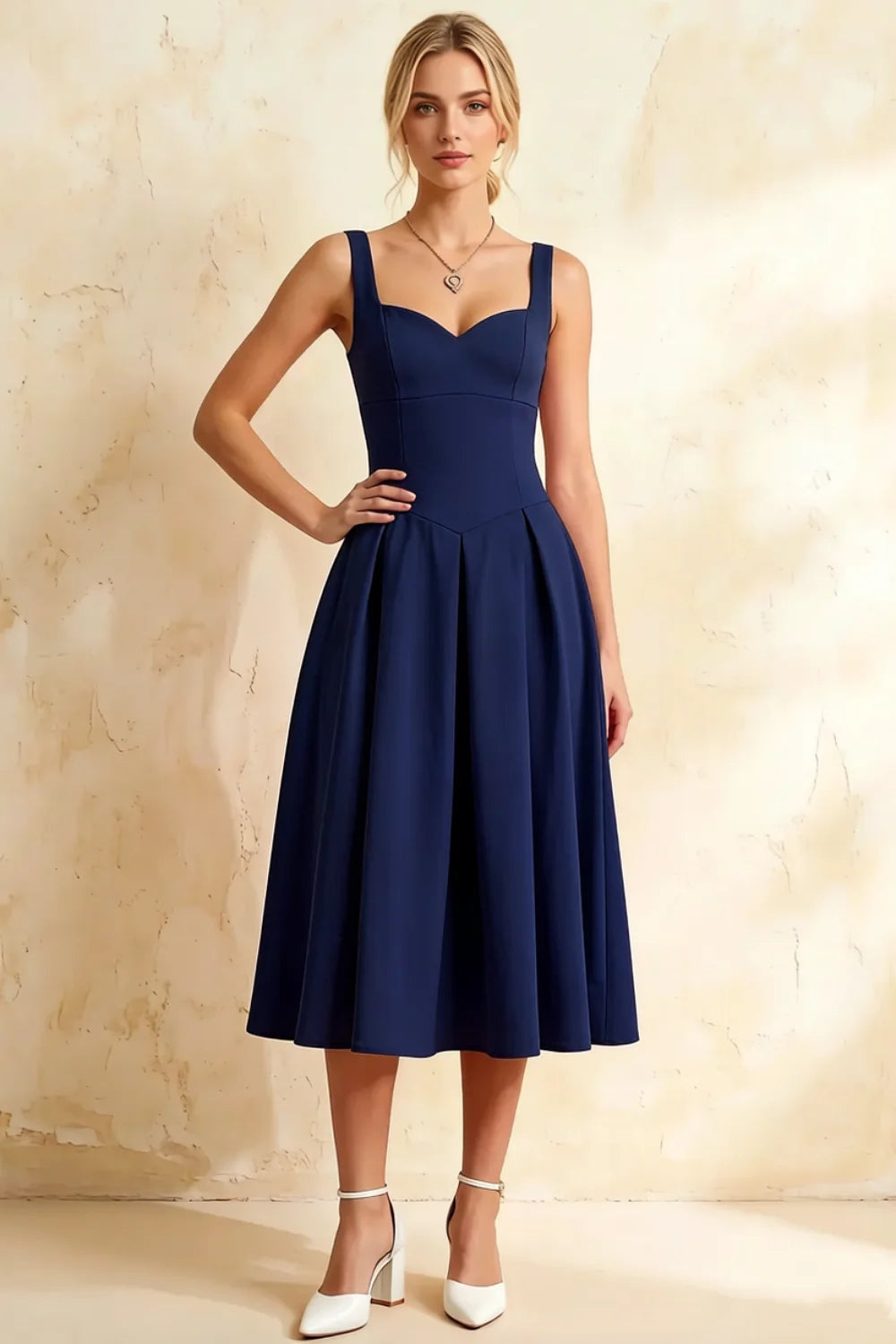 Heather Dark Navy A Line Midi Dress | Square Neck Blue Dress for Elegant Silhouette