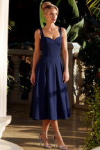 Heather Dark Navy A Line Midi Dress | Square Neck Blue Dress for Elegant Silhouette