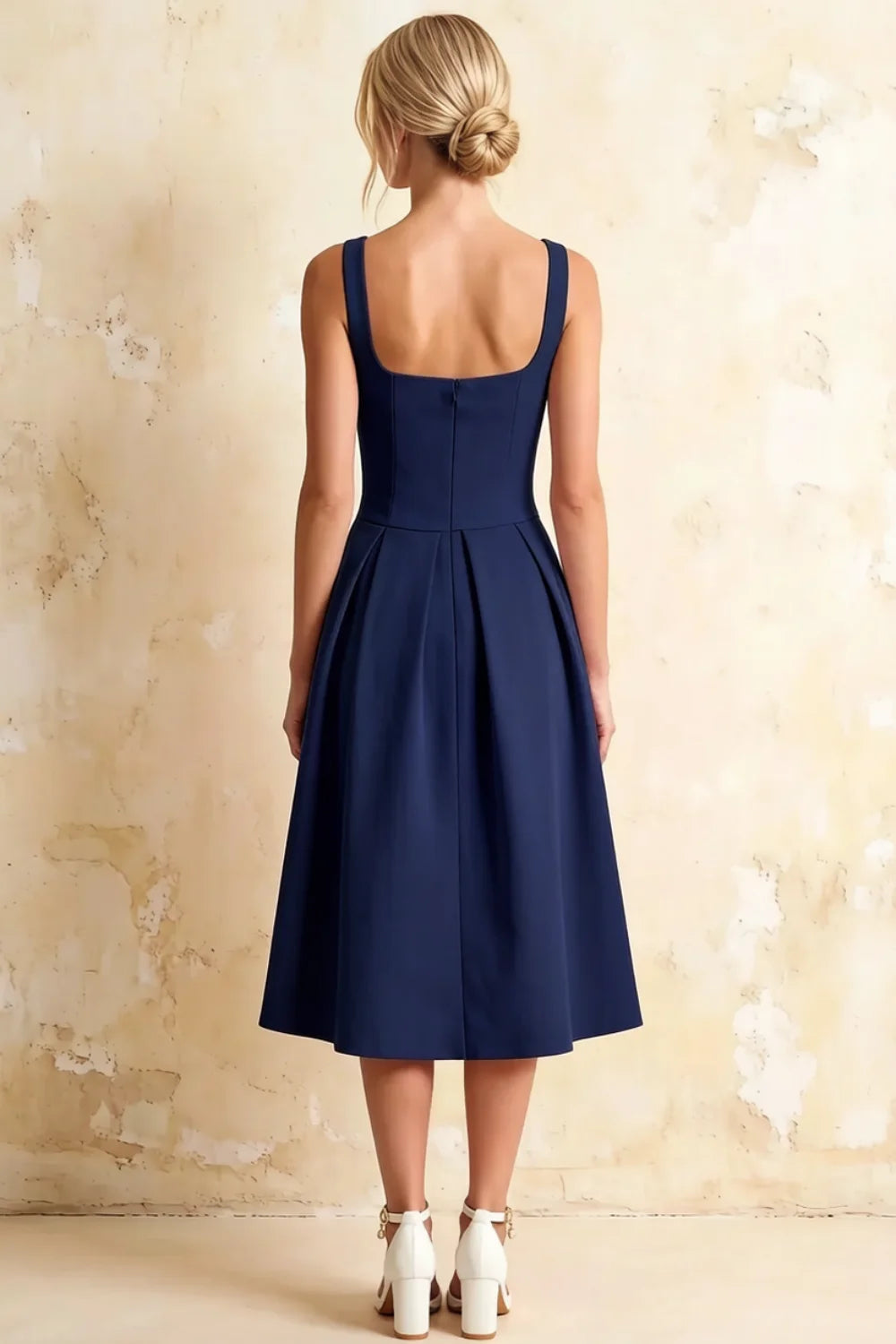 Heather Dark Navy A Line Midi Dress | Square Neck Blue Dress for Elegant Silhouette