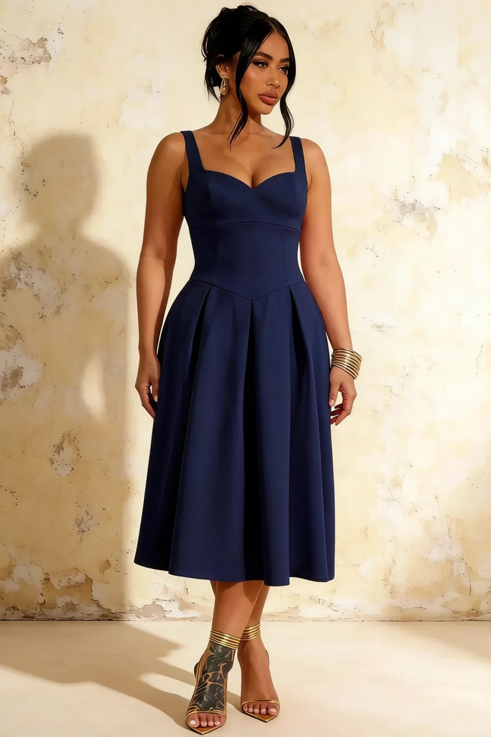 Heather Dark Navy A Line Midi Dress | Square Neck Blue Dress for Elegant Silhouette