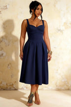 Heather Dark Navy A Line Midi Dress | Square Neck Blue Dress for Elegant Silhouette