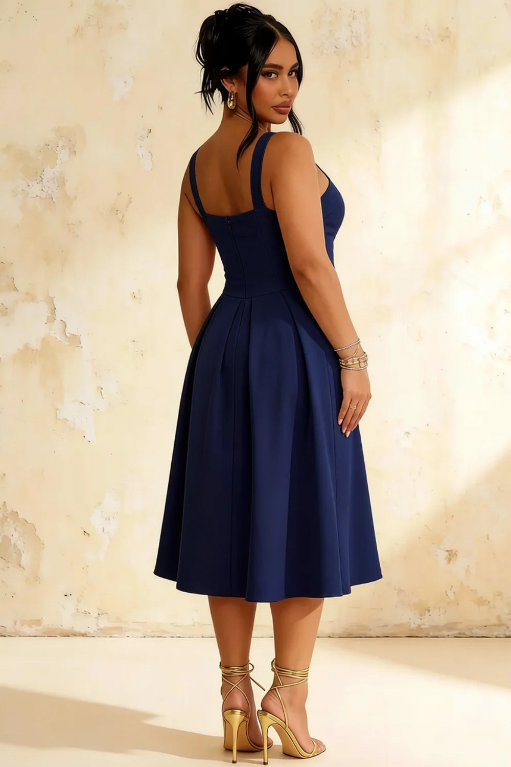 Heather Dark Navy A Line Midi Dress | Square Neck Blue Dress for Elegant Silhouette