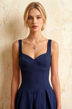 Heather Dark Navy A Line Midi Dress | Square Neck Blue Dress for Elegant Silhouette