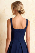 Heather Dark Navy A Line Midi Dress | Square Neck Blue Dress for Elegant Silhouette