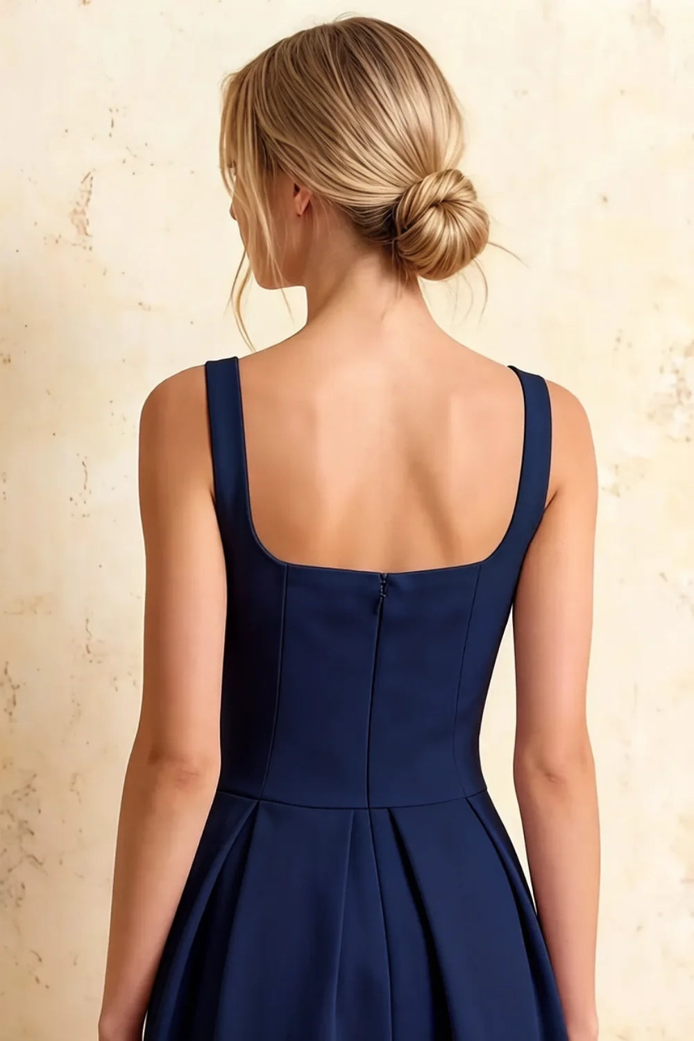 Heather Dark Navy A Line Midi Dress | Square Neck Blue Dress for Elegant Silhouette