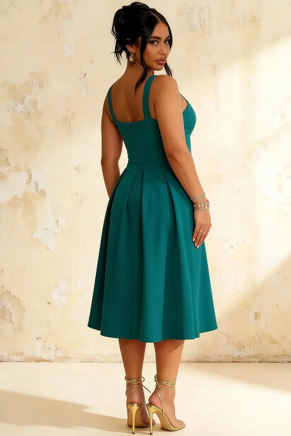 Heather Emerald Green A Line Midi Dress | Elegant Green Satin Dress for Bridesmaid
