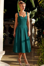 Heather Emerald Green A Line Midi Dress | Elegant Green Satin Dress for Bridesmaid