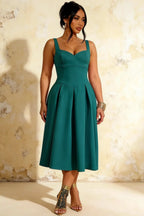 Heather Emerald Green A Line Midi Dress | Elegant Green Satin Dress for Bridesmaid