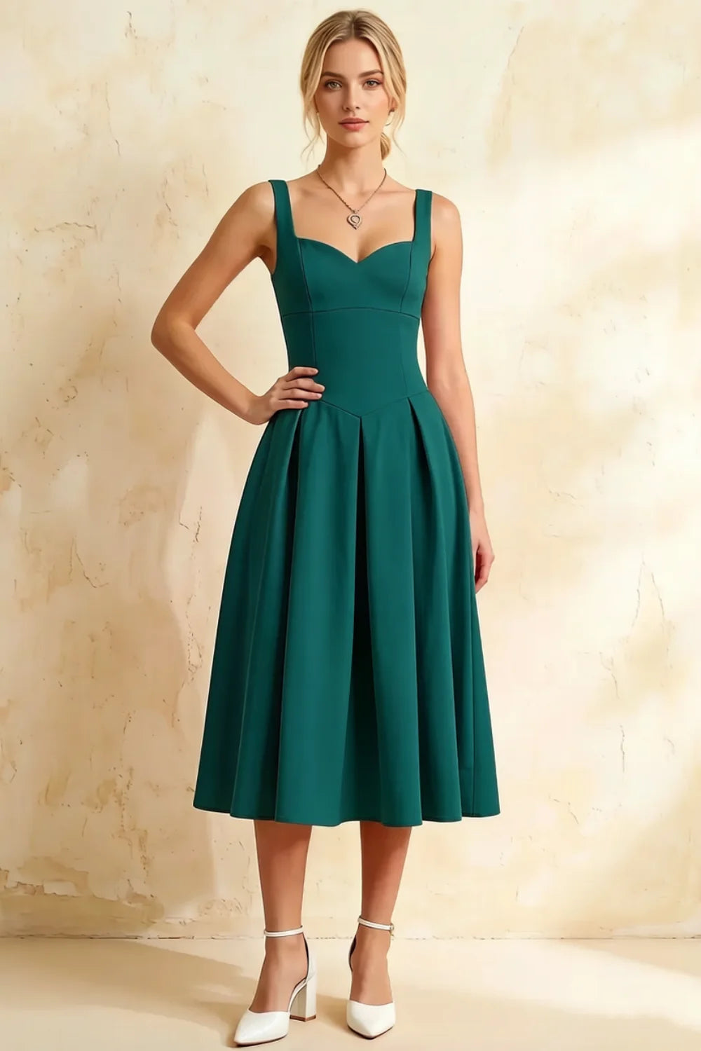 Heather Emerald Green A Line Midi Dress | Elegant Green Satin Dress for Bridesmaid