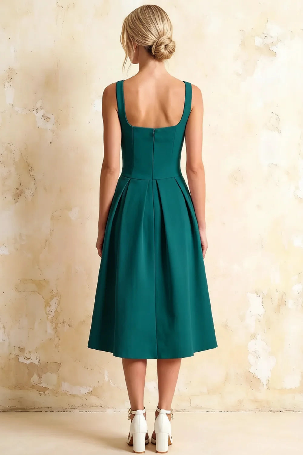 Heather Emerald Green A Line Midi Dress | Elegant Green Satin Dress for Bridesmaid