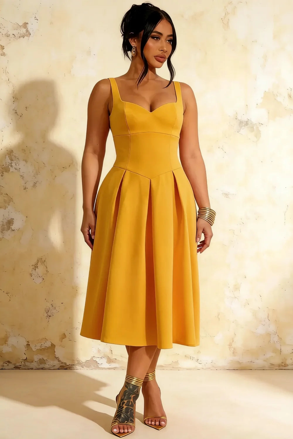 Heather Gold A Line Midi Dress | Elegant Formal Cocktail Dress for Women