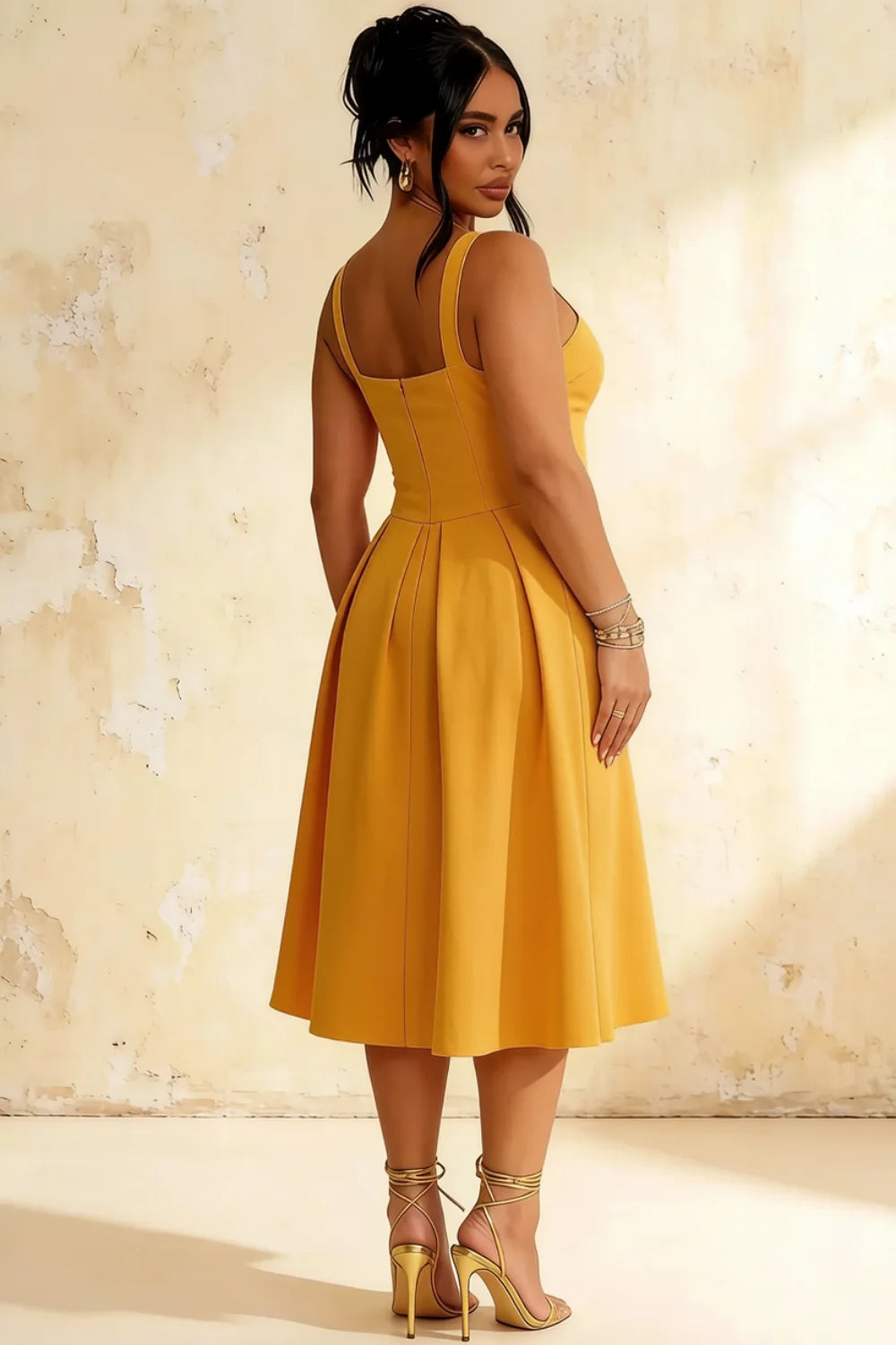 Heather Gold A Line Midi Dress | Elegant Formal Cocktail Dress for Women
