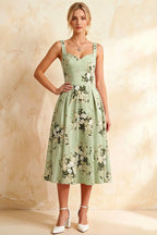Heather Green Floral A Line Midi Dress | Vintage Heather Dress for Women