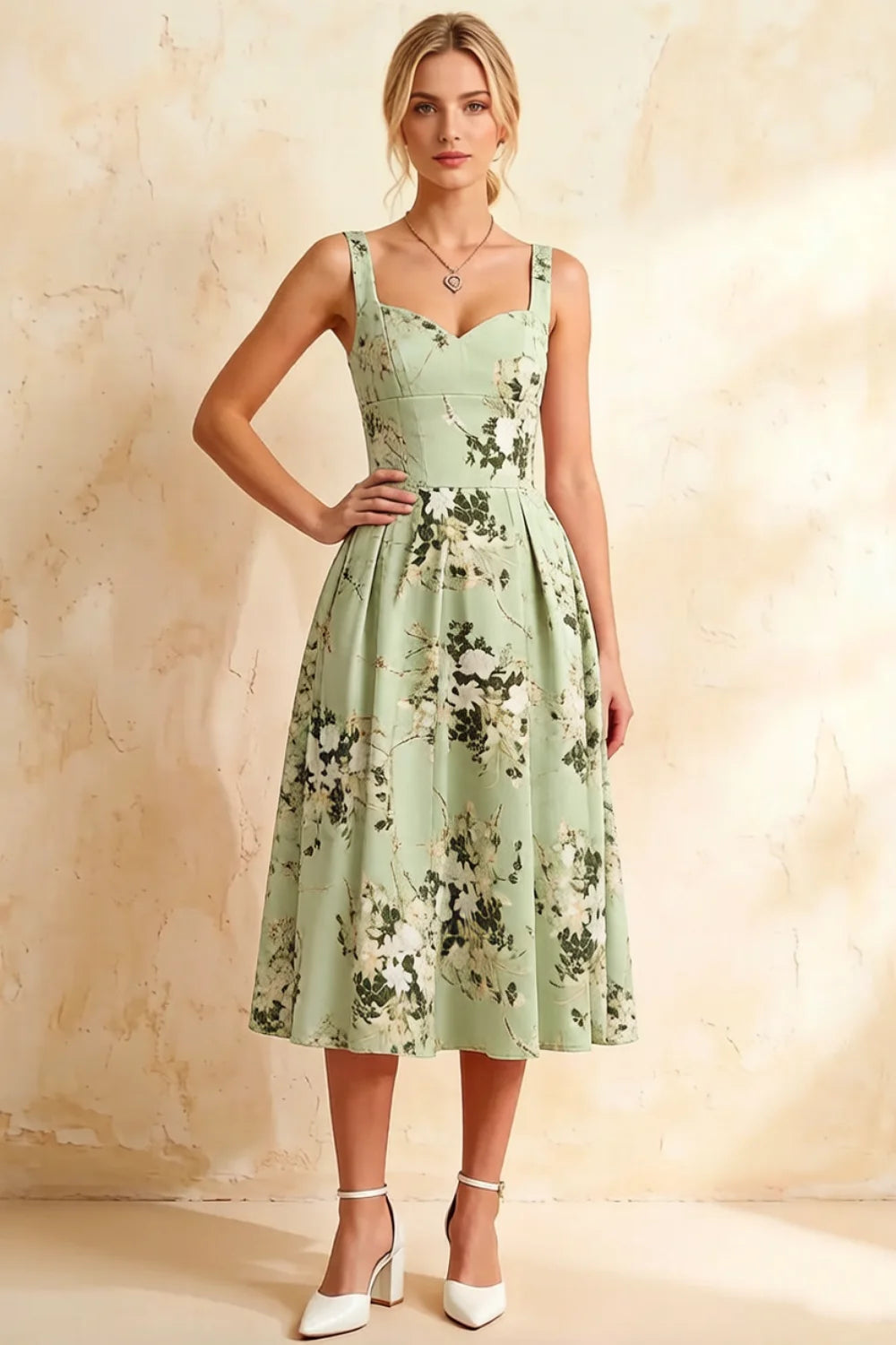 Heather Green Floral A Line Midi Dress | Vintage Heather Dress for Women