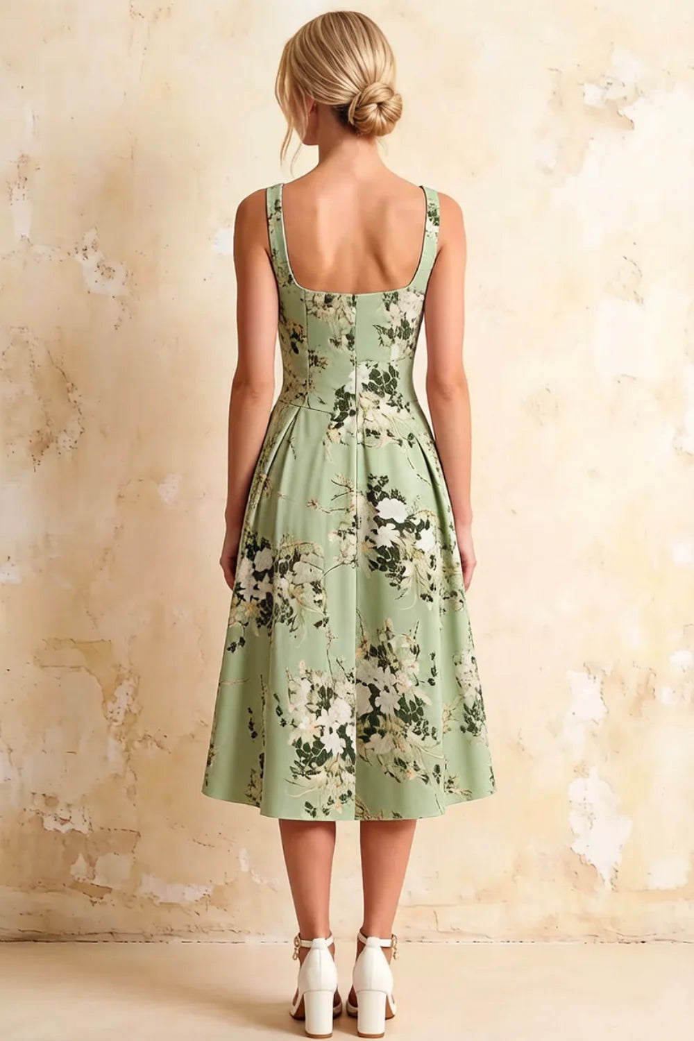 Heather Green Floral A Line Midi Dress | Vintage Heather Dress for Women