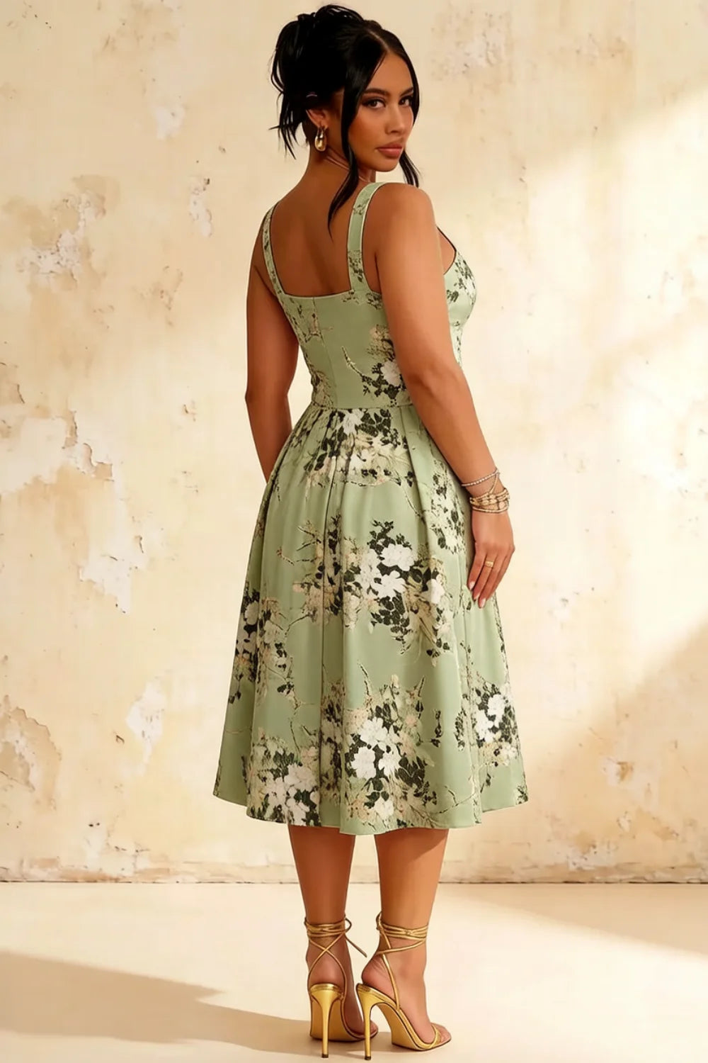 Heather Green Floral A Line Midi Dress | Vintage Heather Dress for Women