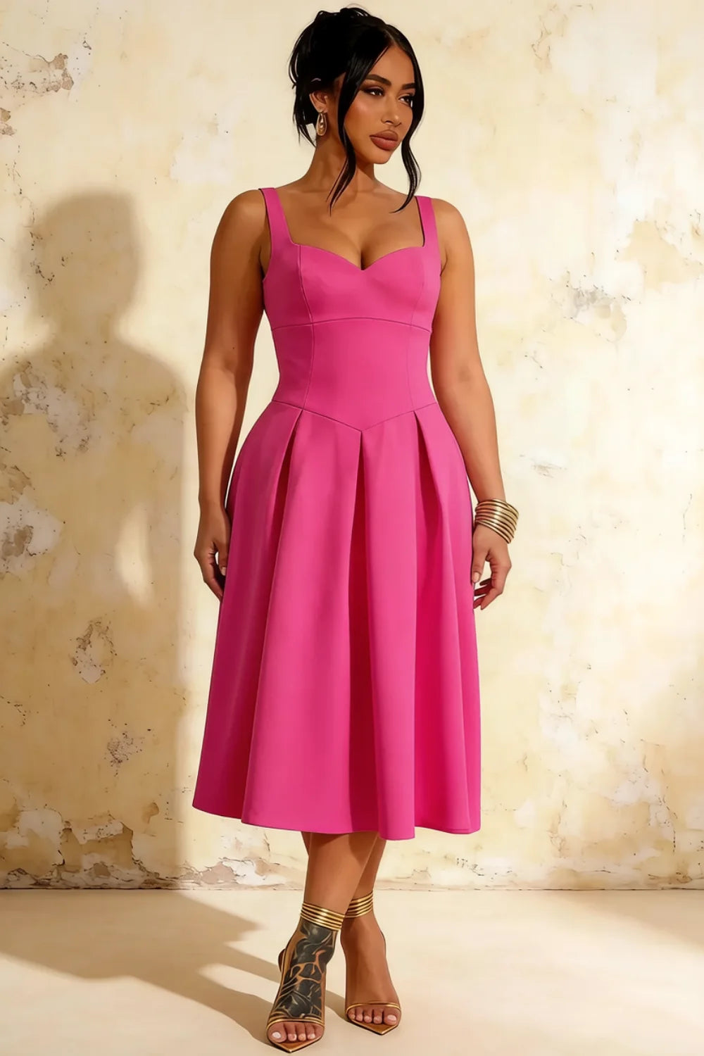 Heather Hot Pink A Line Midi Dress