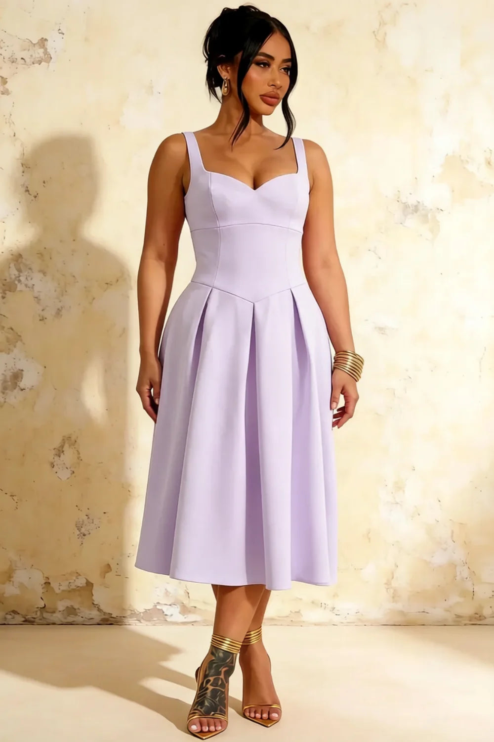 Heather Lavender A Line Midi Dress | Elegant Purple Dress for Date & Daily Wear
