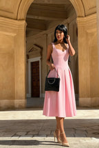 Heather Light Pink A Line Midi Dress | Chic Sweetheart Neck Dress for Wedding Guest