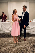 Heather Light Pink A Line Midi Dress | Chic Sweetheart Neck Dress for Wedding Guest