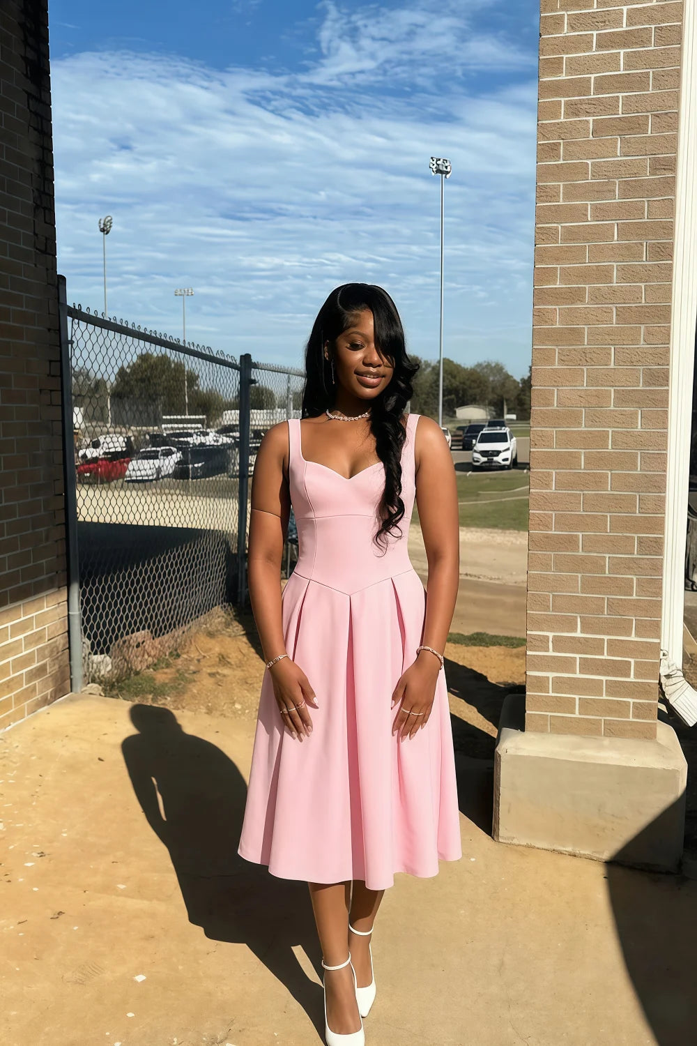 Heather Light Pink A Line Midi Dress | Chic Sweetheart Neck Dress for Wedding Guest