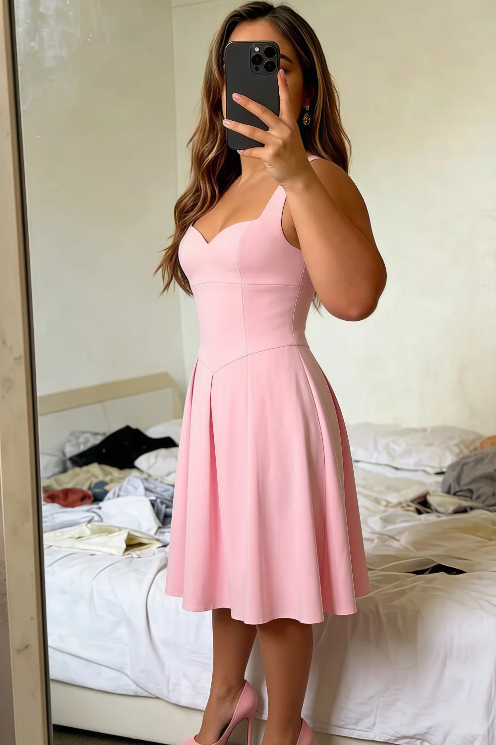 Heather Light Pink A Line Midi Dress | Chic Sweetheart Neck Dress for Wedding Guest