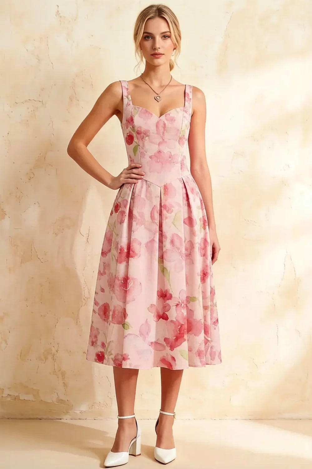 Heather Light Pink Floral A Line Midi Dress