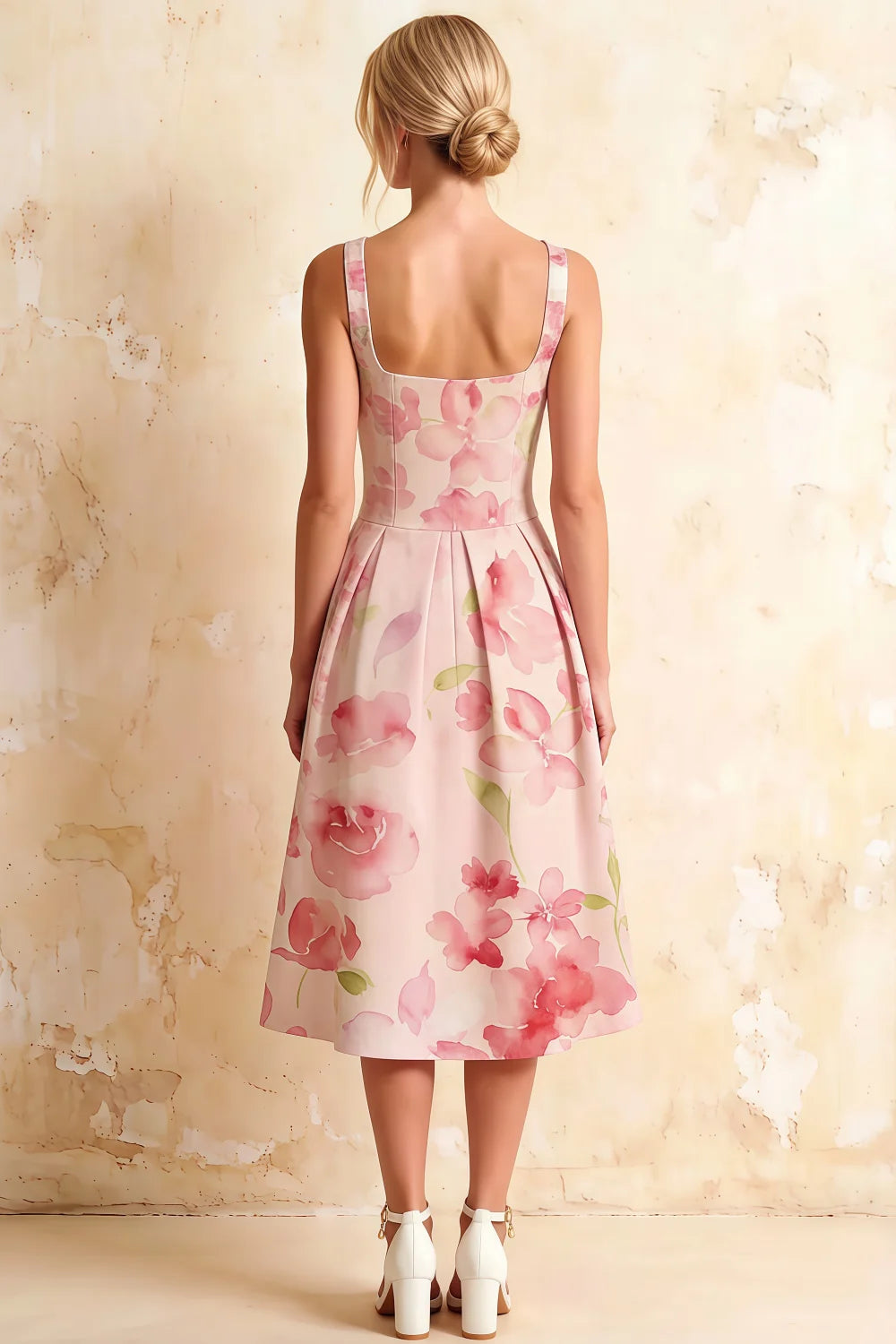Heather Light Pink Floral A Line Midi Dress