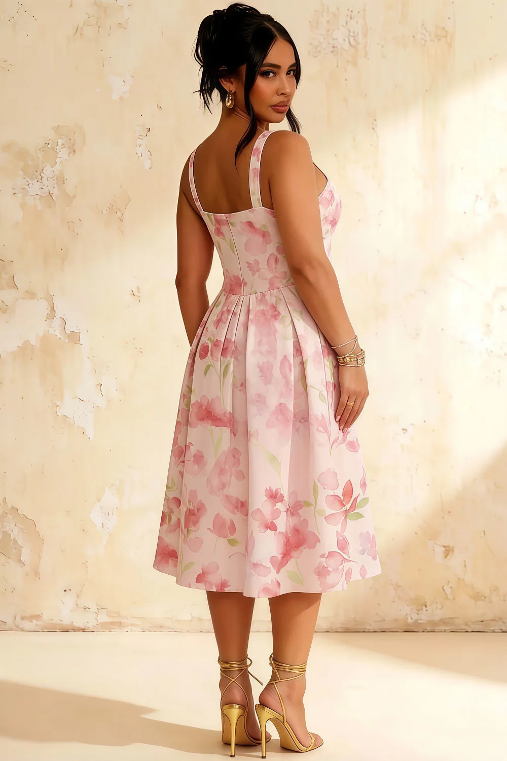 Vestido midi de corte A floral rosa claro Heather