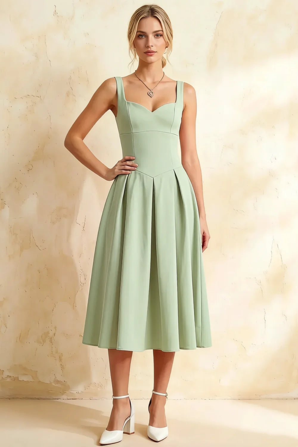 Heather Mint A Line Midi Dress | Square Neck Sleeveless Green Dress for Cocktail
