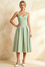 Heather Mint A Line Midi Dress | Square Neck Sleeveless Green Dress for Cocktail