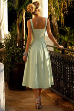 Heather Mint A Line Midi Dress | Square Neck Sleeveless Green Dress for Cocktail