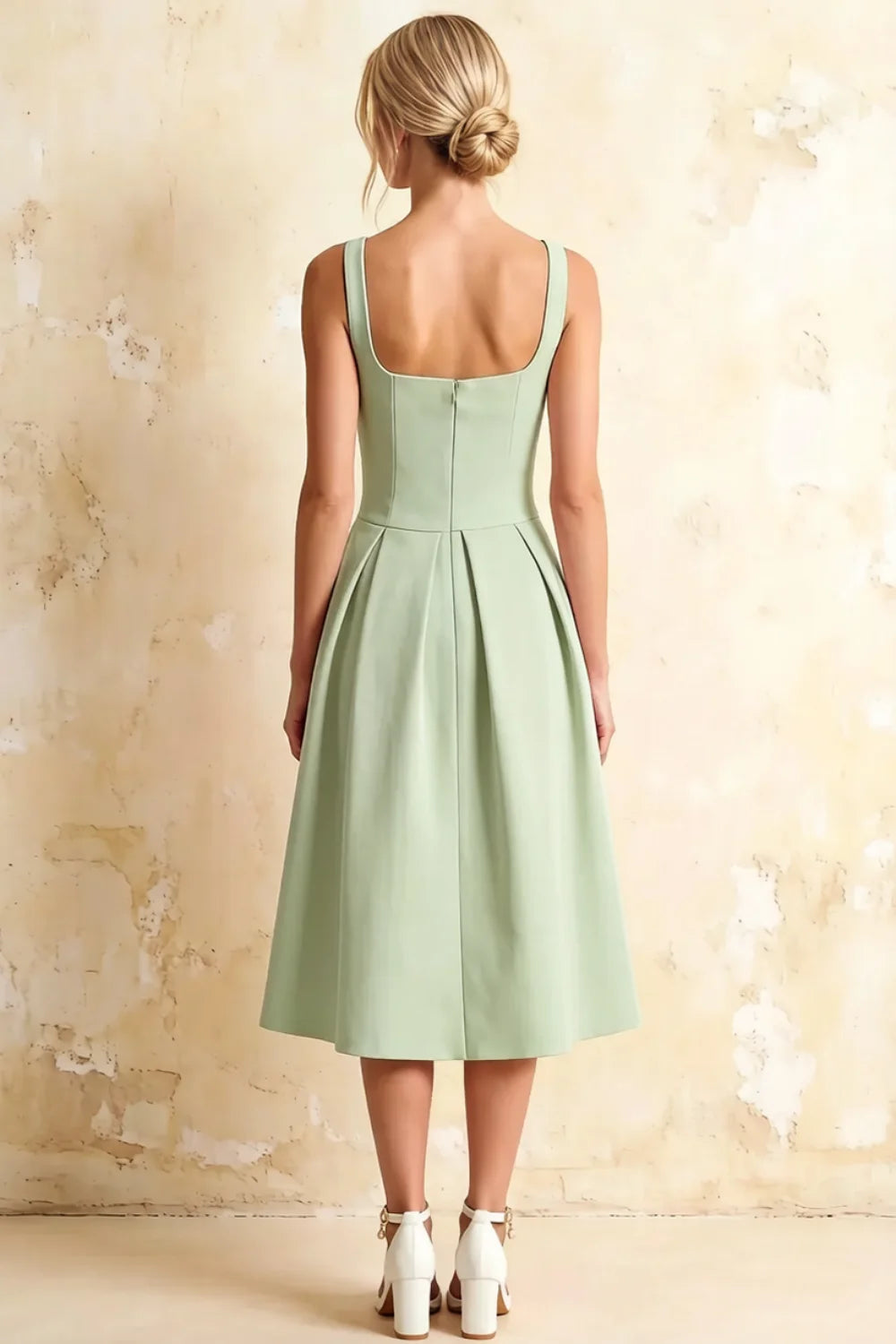 Heather Mint A Line Midi Dress | Square Neck Sleeveless Green Dress for Cocktail