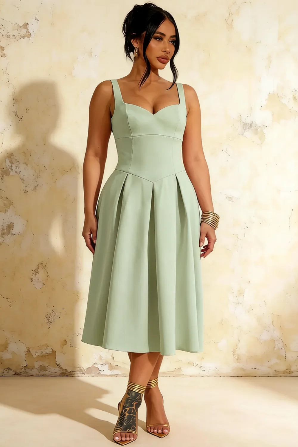 Heather Mint A Line Midi Dress | Square Neck Sleeveless Green Dress for Cocktail