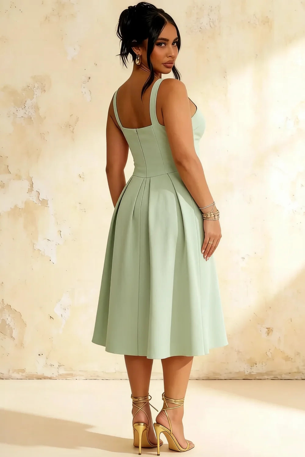 Heather Mint A Line Midi Dress | Square Neck Sleeveless Green Dress for Cocktail