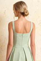 Heather Mint A Line Midi Dress | Square Neck Sleeveless Green Dress for Cocktail