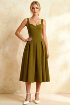 Heather Olive Green A Line Midi Dress | Green Square Neck Dress for Formal