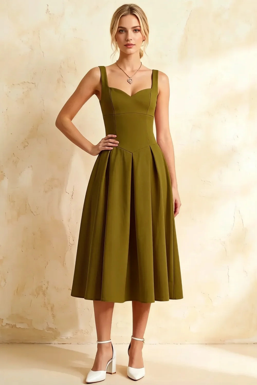 Heather Olive Green A Line Midi Dress | Green Square Neck Dress for Formal
