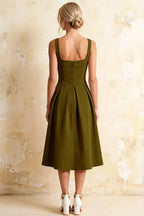 Heather Olive Green A Line Midi Dress | Green Square Neck Dress for Formal